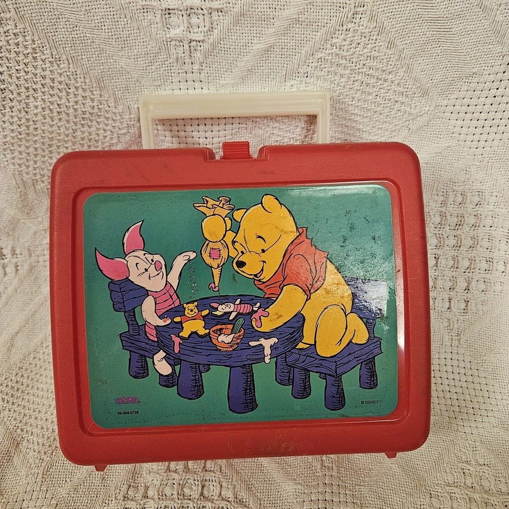 Vintage Disney Winnie The Pooh Plastic Thermos Lunch Box Red 90s Kidcore Handle